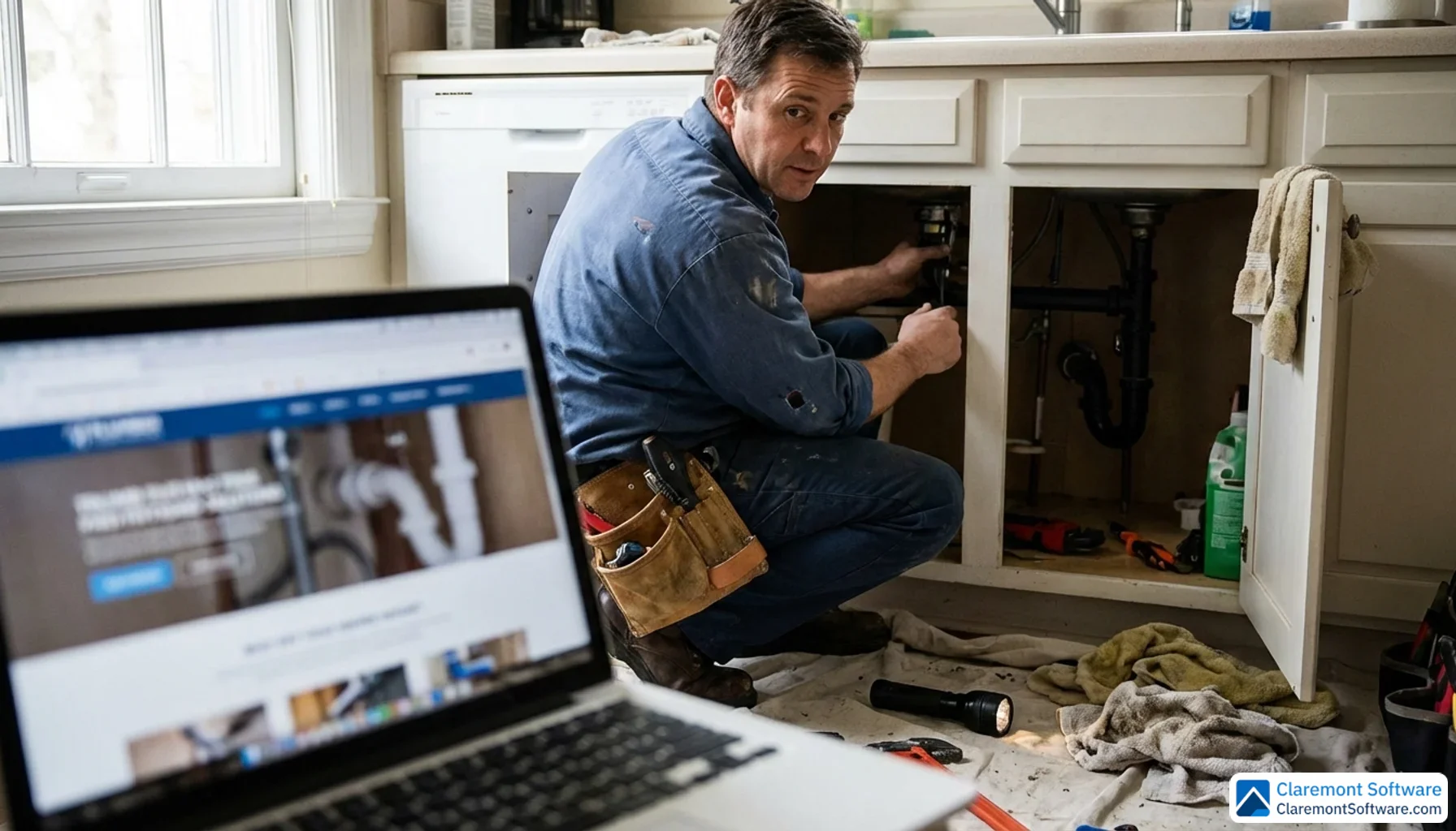 A plumber in a blue work shirt crouches beneath a kitchen sink, tools in hand, with an open laptop resting on the floor beside him displaying a website. Warm natural light streams through a nearby window, lending the scene a candid, real-world atmosphere.