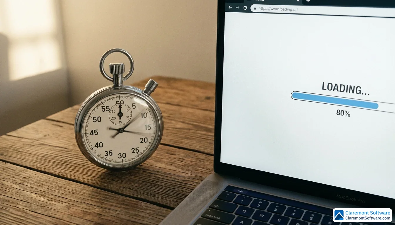 A stopwatch with slightly blurred hands rests on a wooden desk beside a laptop displaying a browser loading bar, with soft side lighting casting gentle shadows across the minimal surface.