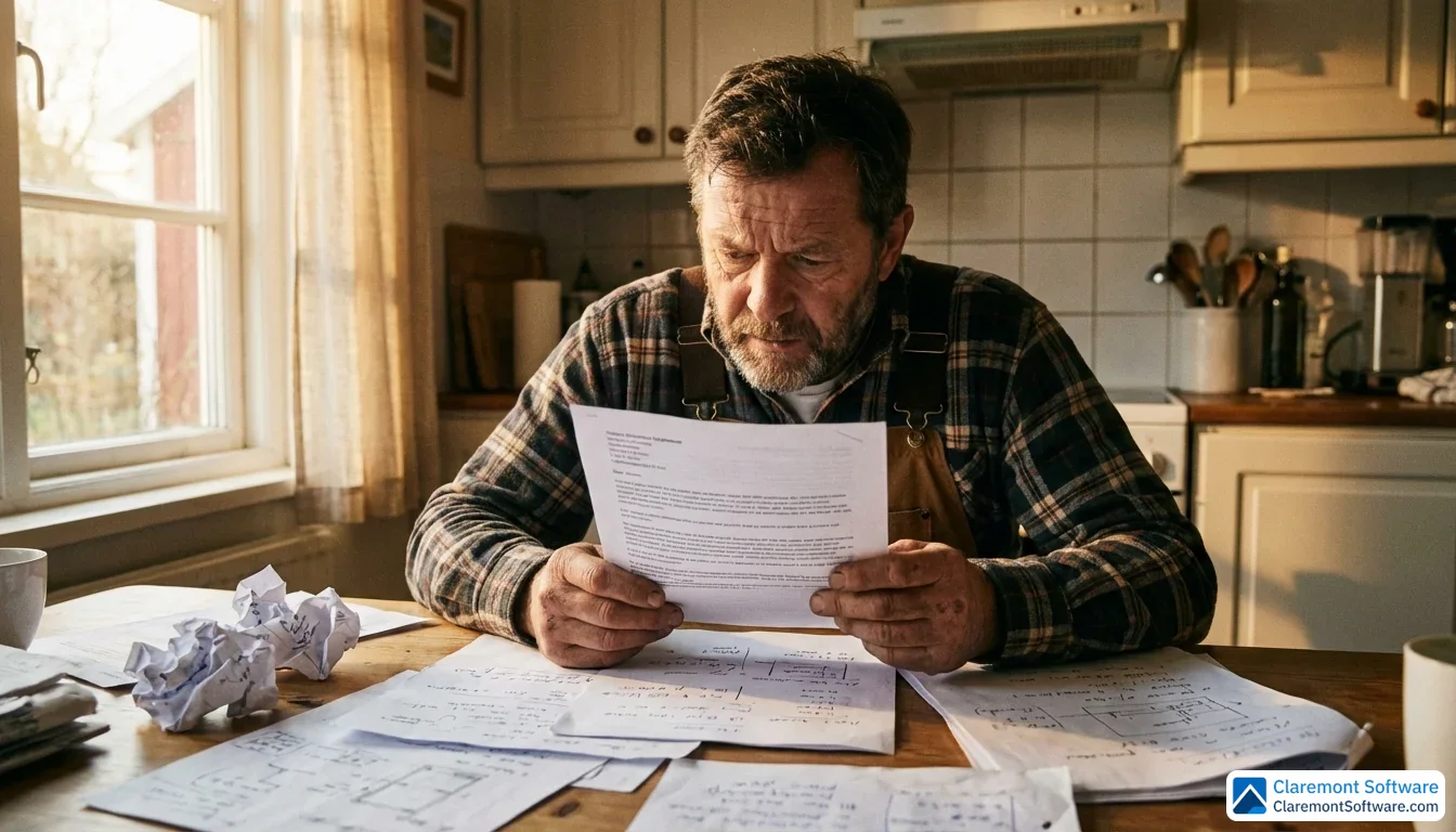 A plumber sits at a kitchen table in warm morning light, carefully reading printed notes and handwritten pages with a focused, concentrated expression. The candid scene captures an everyday professional moment of study and preparation.