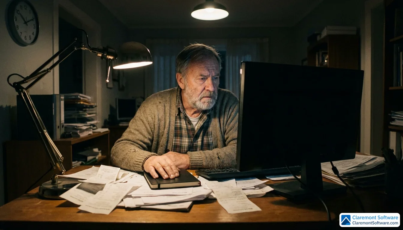 A small business owner sits at a cluttered desk, staring at a dark, blank monitor with a puzzled expression, one hand resting on a closed notebook. A dim overhead light and a single desk lamp cast a narrow pool of light, creating a quiet, uneasy atmosphere.