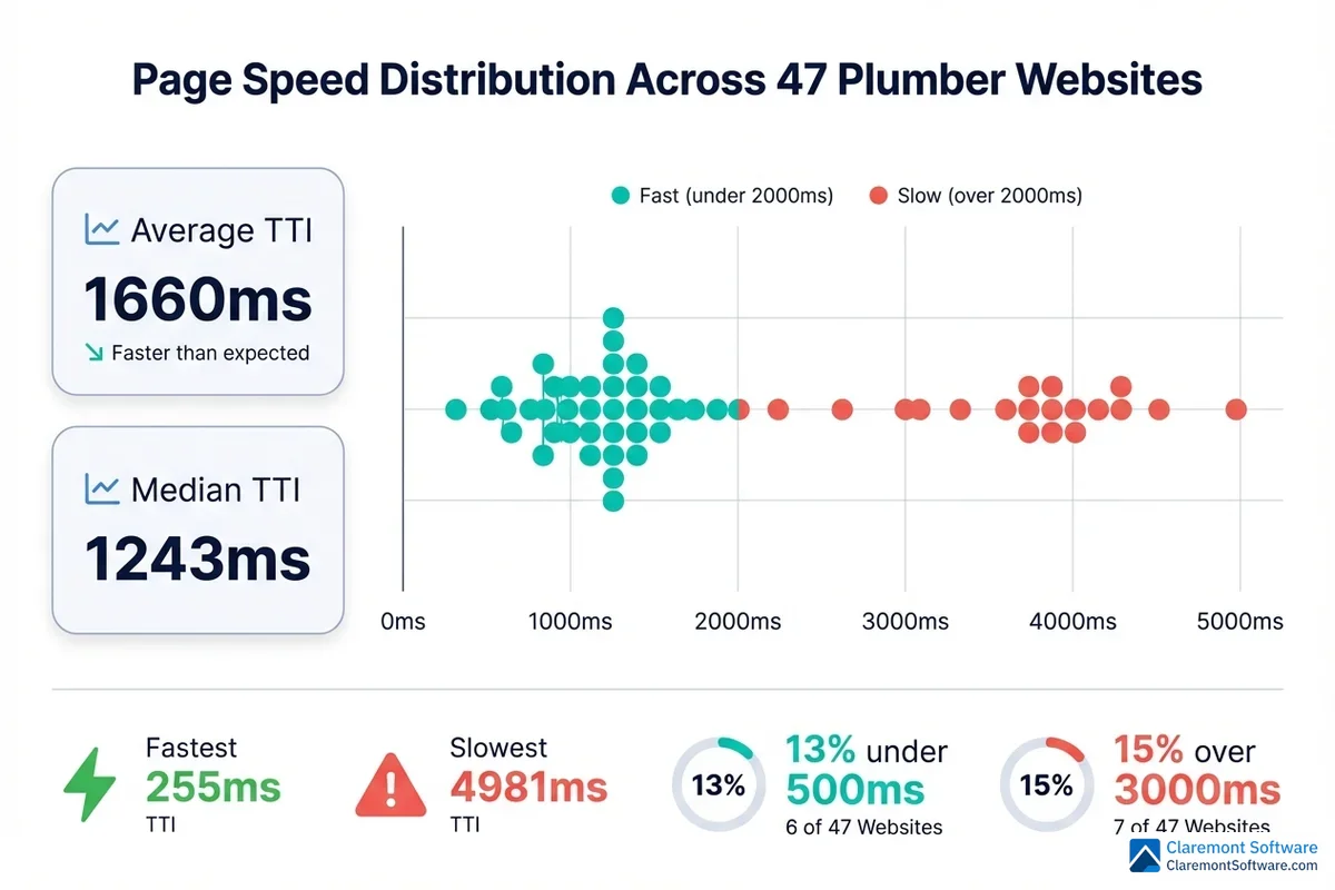 Bar chart showing page speed distribution across 47 plumber websites, revealing a stark divide where top-performing sites load in as fast as 255 milliseconds while the slowest take up to 4,981 milliseconds, with most sites clustered across several speed ranges in between.
