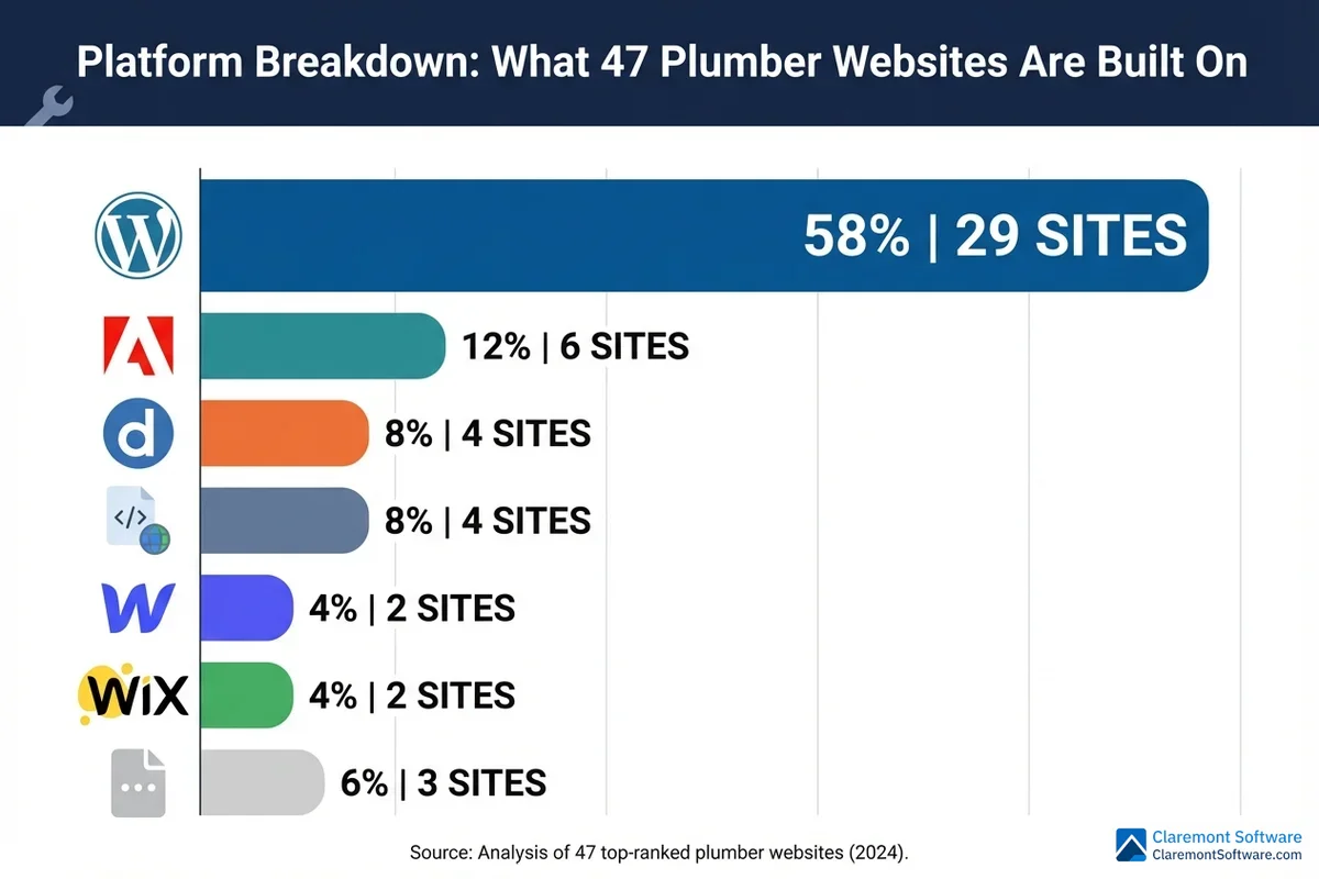 Bar chart comparing website platforms used by 47 plumber websites, showing market share distribution across content management systems such as WordPress, Wix, Squarespace, and others, highlighting which platforms are most and least popular among plumbing businesses.