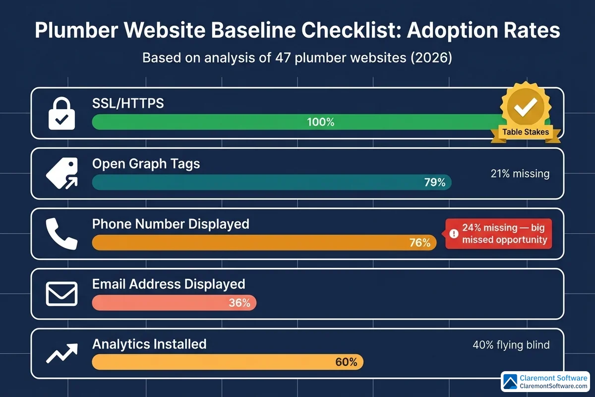 A horizontal bar chart showing adoption rates for plumber website baseline features, including SSL certificates, Open Graph tags, and contact information elements like phone numbers, email addresses, and physical addresses, with percentage bars indicating how commonly each feature is implemented across plumber websites.